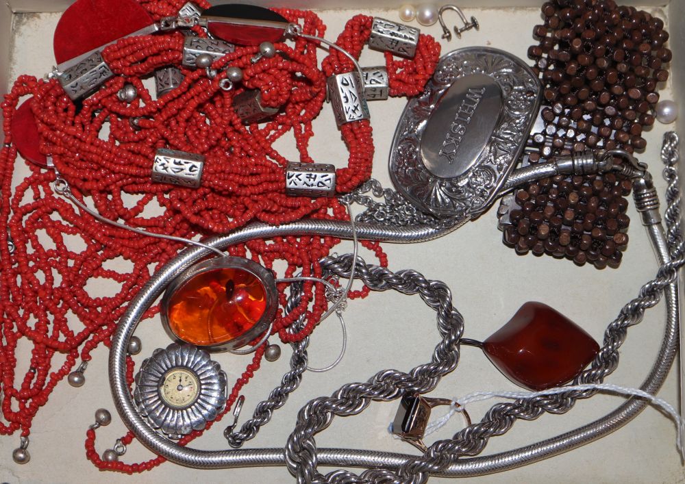 Mixed jewellery including a large multi strand coral bead necklace, amber brooch(a.f.) and pendant, etc
